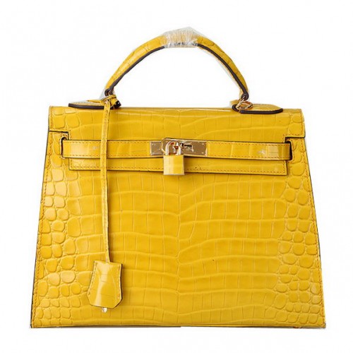 Hermes Kelly 32cm Schoudertassen Geel Iriserend Croco Leer Goud
