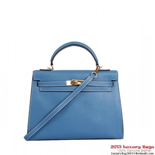 Hermes Kelly 32cm Top Handle Bag Blauw Togo Leer Goud