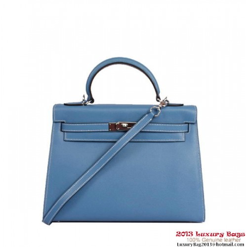 Hermes Kelly 32cm Top handvat tas blauw Togo leer zilver