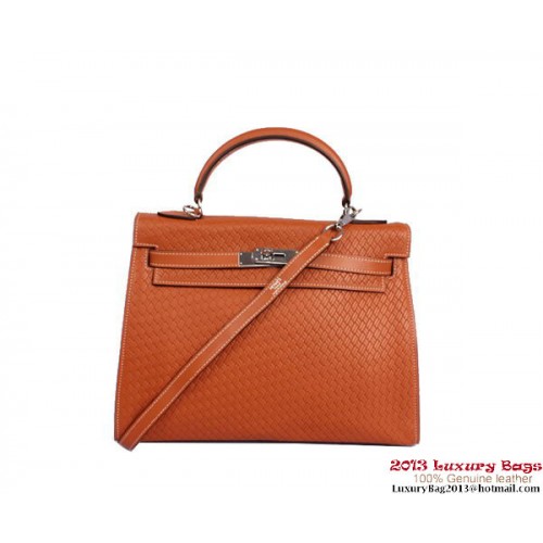 Hermes Kelly 32cm Top Handvat Tas Camel Geweven Leer Zilver