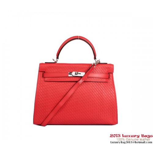 Hermes Kelly 32cm Top Handvat Tas Licht Rood Geweven Leer Zilver