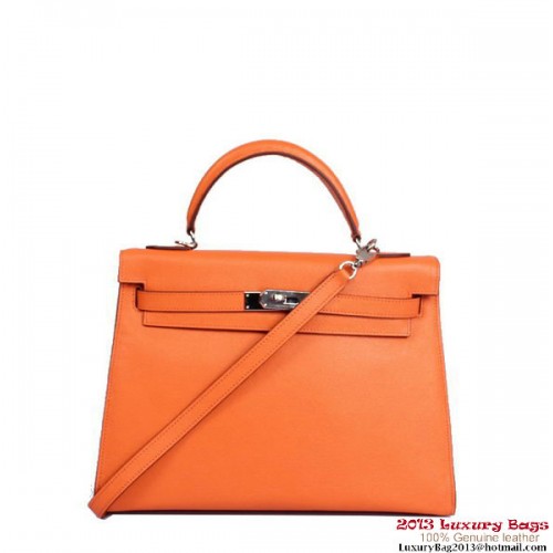 Hermes Kelly 32cm Top Handvat Tas Oranje Togo Leer Zilver