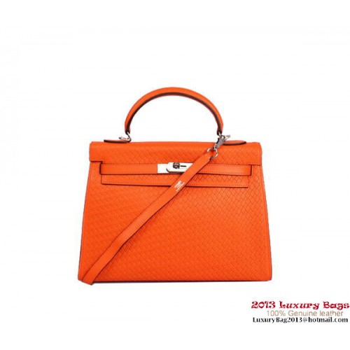 Hermes Kelly 32cm Top Handvat Tas Oranje Geweven Leer Zilver