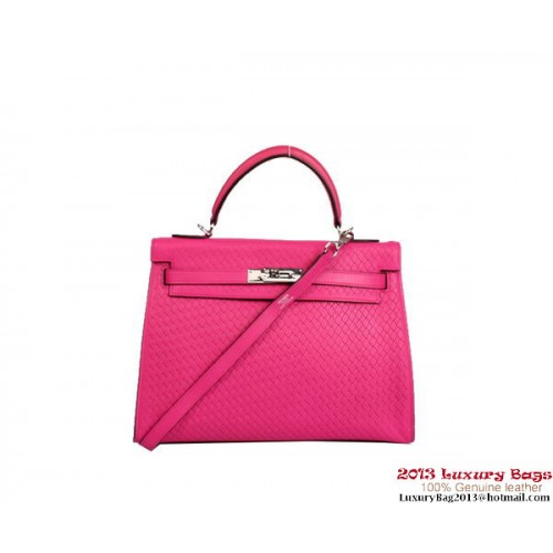 Hermes Kelly 32cm Top Handvat Tas Rosy Geweven Leer Zilver