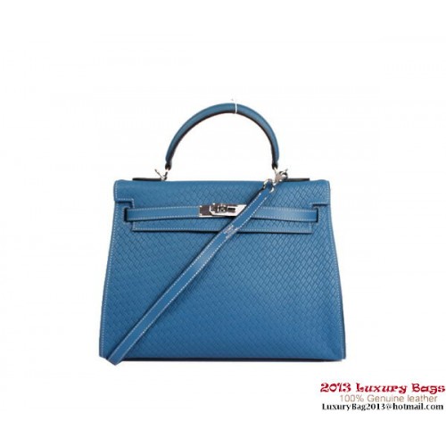 Hermes Kelly 32cm Top Handvat Tas Koningsblauw Geweven Leer Zilver