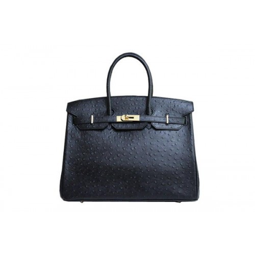 Hermes Kelly 35cm Top Handle Bag Zwart Struisvogelleer Goud