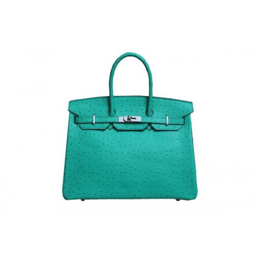 Hermes Kelly 35cm Top Handvat Tas Groen Struisvogelleer Zilver