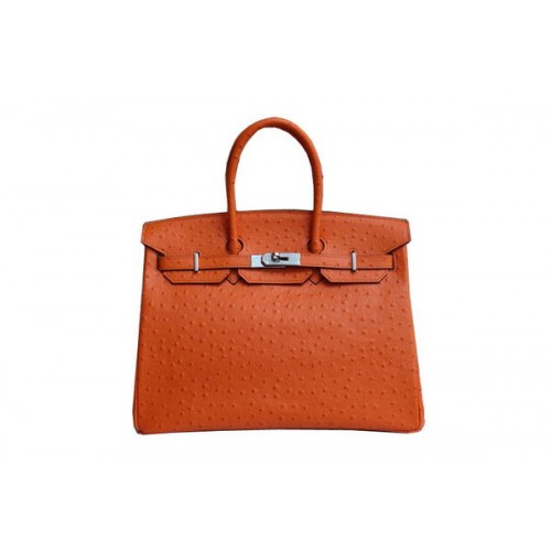 Hermes Kelly 35cm Top Handvat Tas Oranje Struisvogelleer Zilver