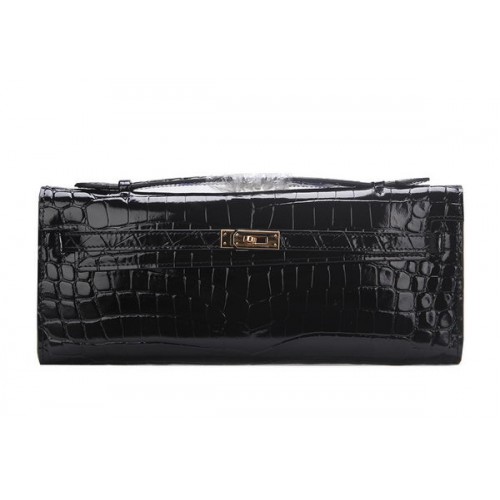 Hermes Kelly Clutch Bag Croco Leer K1002 Zwart