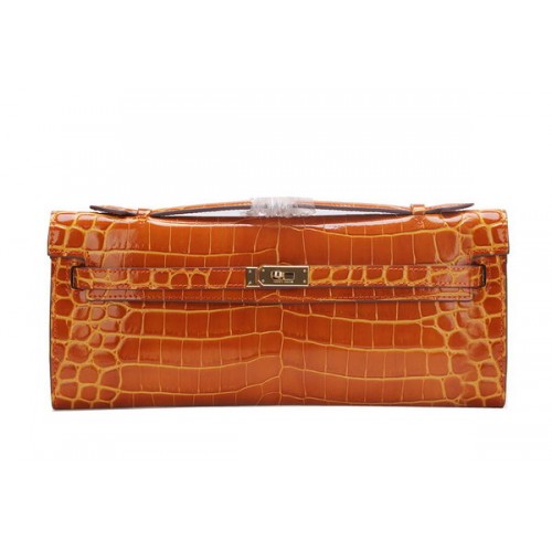 Hermes Kelly Clutch Bag Croco Leer K1002 Bruin