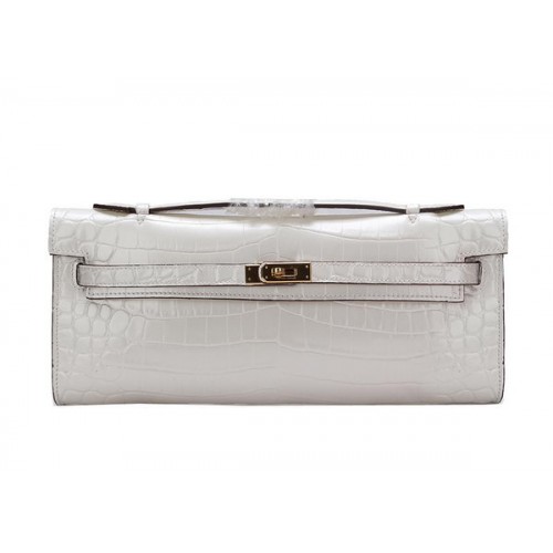 Hermes Kelly Clutch Bag Croco Leer K1002 Wit