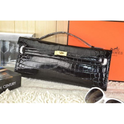 Hermes Kelly Clutch Bag Croco Leer K31 Zwart