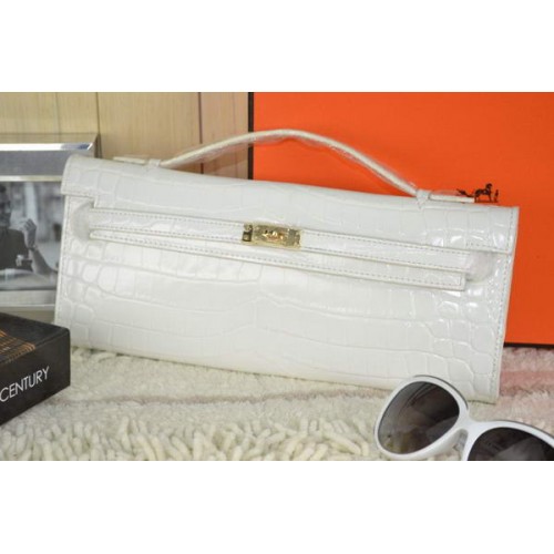 Hermes Kelly Clutch Bag Croco Leer K31 Wit