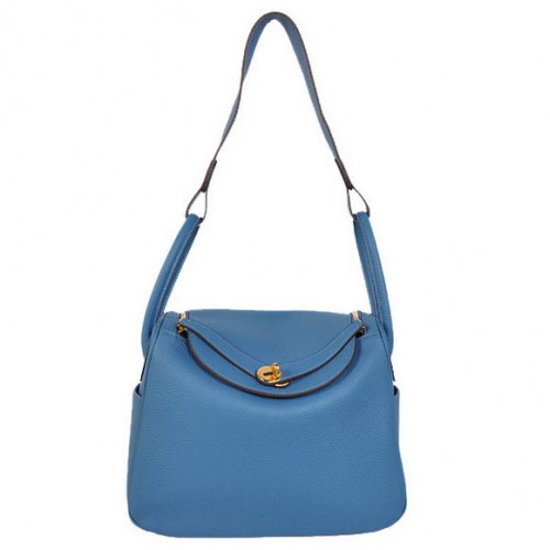 Hermes Lindy 30CM Havanne handtassen 1057 blauw leer gouden hardware