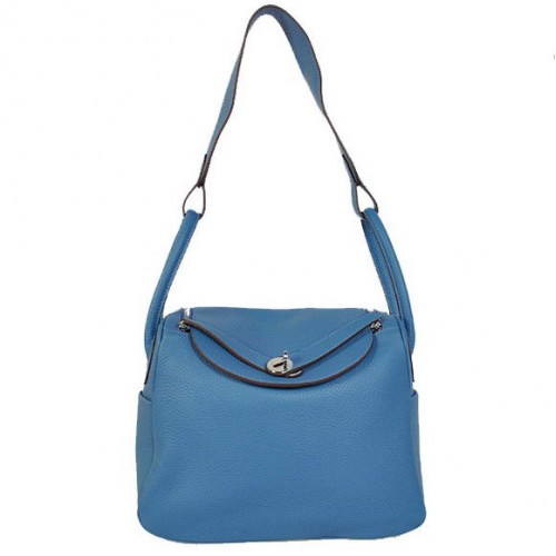 Hermes Lindy 30CM Havanne Handtassen 1057 Blauw Leer Zilver Hardware