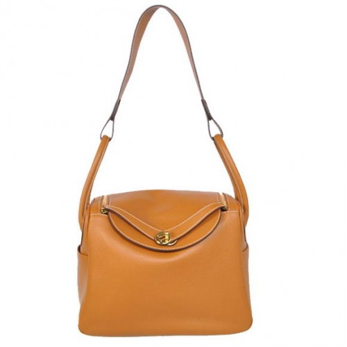 Hermes Lindy 30CM Havanne Handtassen 1057 Camel Leer Gouden Hardware