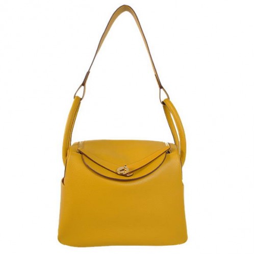 Hermes Lindy 30CM Havanne handtassen 1057 geel leer gouden hardware