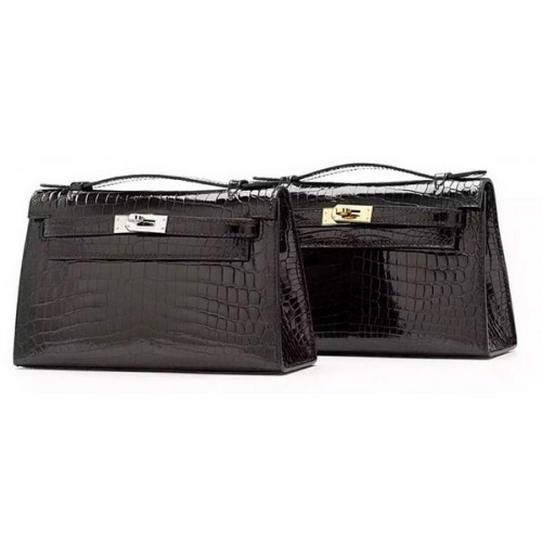 Hermes MINI Kelly 22cm Clutch Croco Leer KL22 Zwart