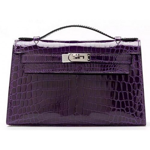Hermes MINI Kelly 22cm Clutch Croco Leer KL22 Paars