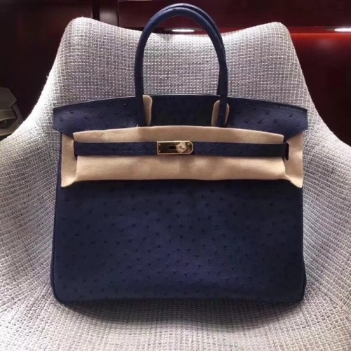 Hermes Birkin tas van echt struisvogelleer BK35 donkerblauw