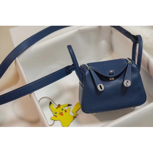 Hermes mini Lindy Togo leren tas LD19 blauw&zilverkleurig metaal