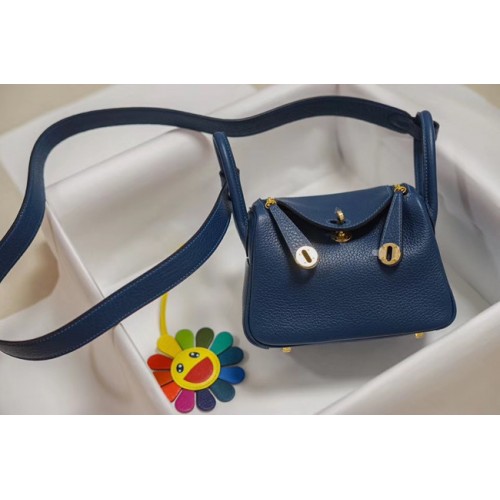 Hermes mini Lindy Togo leren tas LD19 blauw en goudkleurig metaal