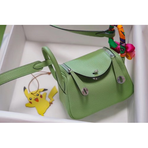 Hermes mini Lindy Togo leren tas LD19 groen&zilverkleurig metaal