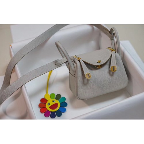 Hermes mini Lindy Togo leren tas LD19 grijs & goudkleurig metaal