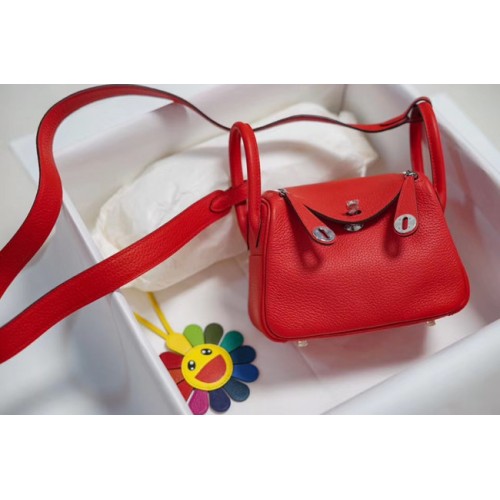 Hermes mini Lindy Togo leren tas LD19 rood&zilverkleurig metaal