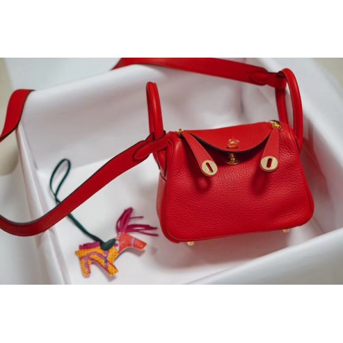 Hermes mini Lindy Togo leren tas LD19 rood en goudkleurig metaal