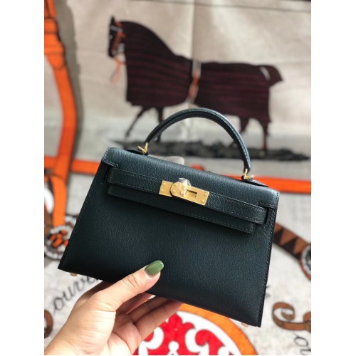 Hermes originele mini Kelly chevre mysore K19CM zwartachtig groen & goud metaal