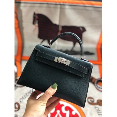 Hermes originele mini Kelly chevre mysore K19CM Zwartachtig groen en zilver metaal