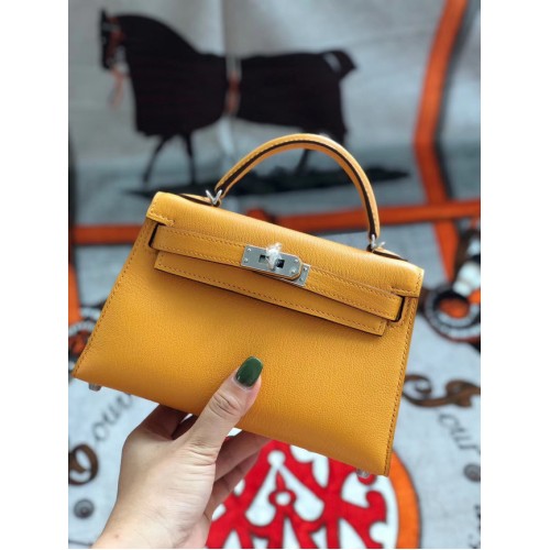 Hermes originele mini Kelly chevre mysore K19CM Mango geel & zilver metaal