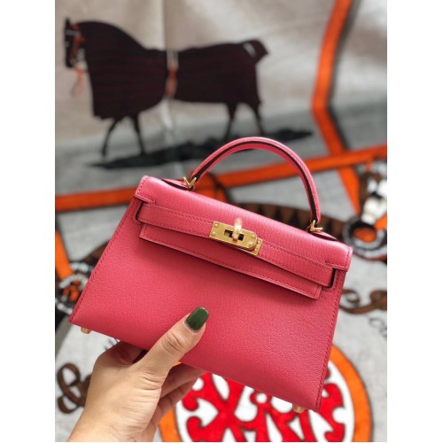 Hermes originele mini Kelly chevre mysore K19CM Watermeloen rood & Goud Metaal