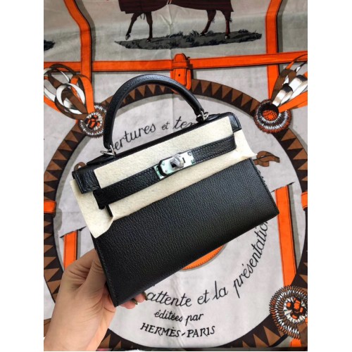 Hermes originele mini Kelly chevre mysore K19CM zwart & zilver metaal