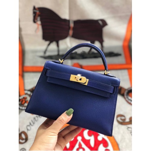 Hermes originele mini Kelly chevre mysore K19CM blauw & goud metaal