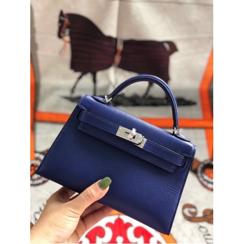 Hermes originele mini Kelly chevre mysore K19CM blauw&zilver metaal