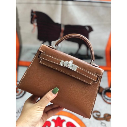 Hermes originele mini Kelly chevre mysore K19CM bruin&zilver metaal
