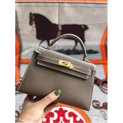 Hermes originele mini Kelly chevre mysore K19CM grijs & goud metaal