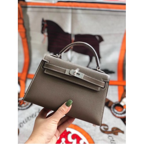Hermes originele mini Kelly chevre mysore K19CM grijs&zilver metaal