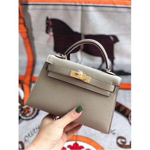 Hermes originele mini Kelly chevre mysore K19CM lichtgrijs & Goud Metaal