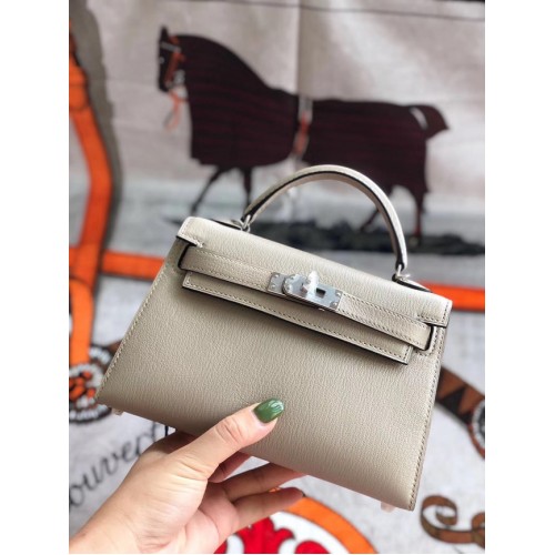 Hermes originele mini Kelly chevre mysore K19CM lichtgrijs & zilver metaal
