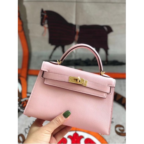 Hermes originele mini Kelly chevre mysore K19CM roze & goud metaal