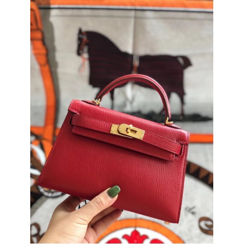 Hermes originele mini Kelly chevre mysore K19CM rood & goud metaal