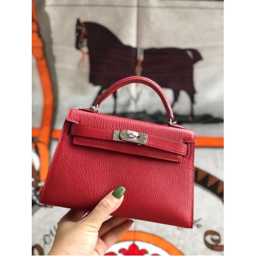 Hermes originele mini Kelly chevre mysore K19CM rood&zilver metaal