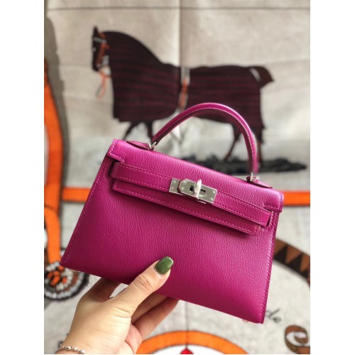 Hermes originele mini Kelly chevre mysore K19CM roze & zilver metaal