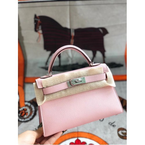 Hermes originele mini Kelly chevre mysore K19CM roze&zilver metaal