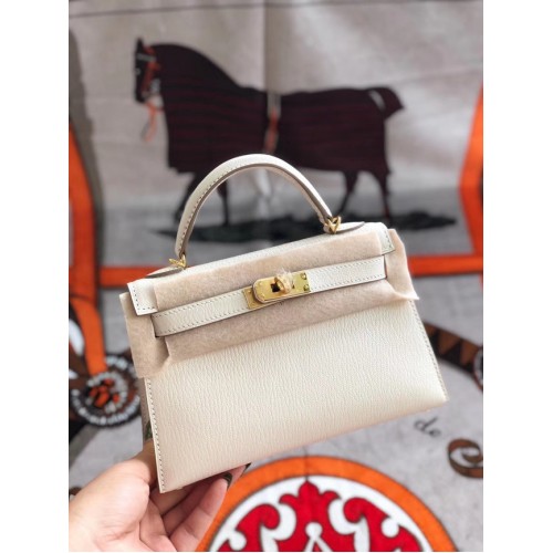 Hermes originele mini Kelly chevre mysore K19CM wit & goud metaal