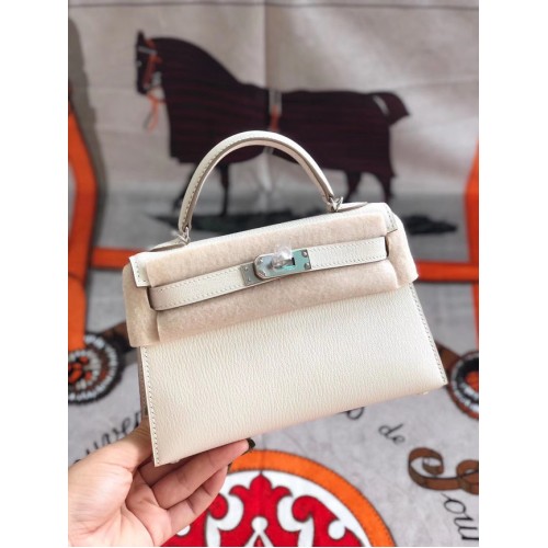 Hermes originele mini Kelly chevre mysore K19CM wit & zilver metaal