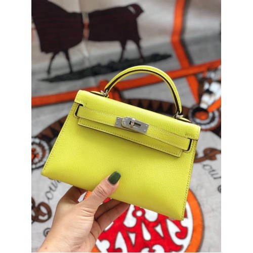 Hermes originele mini Kelly chevre mysore K19CM geel&zilver metaal